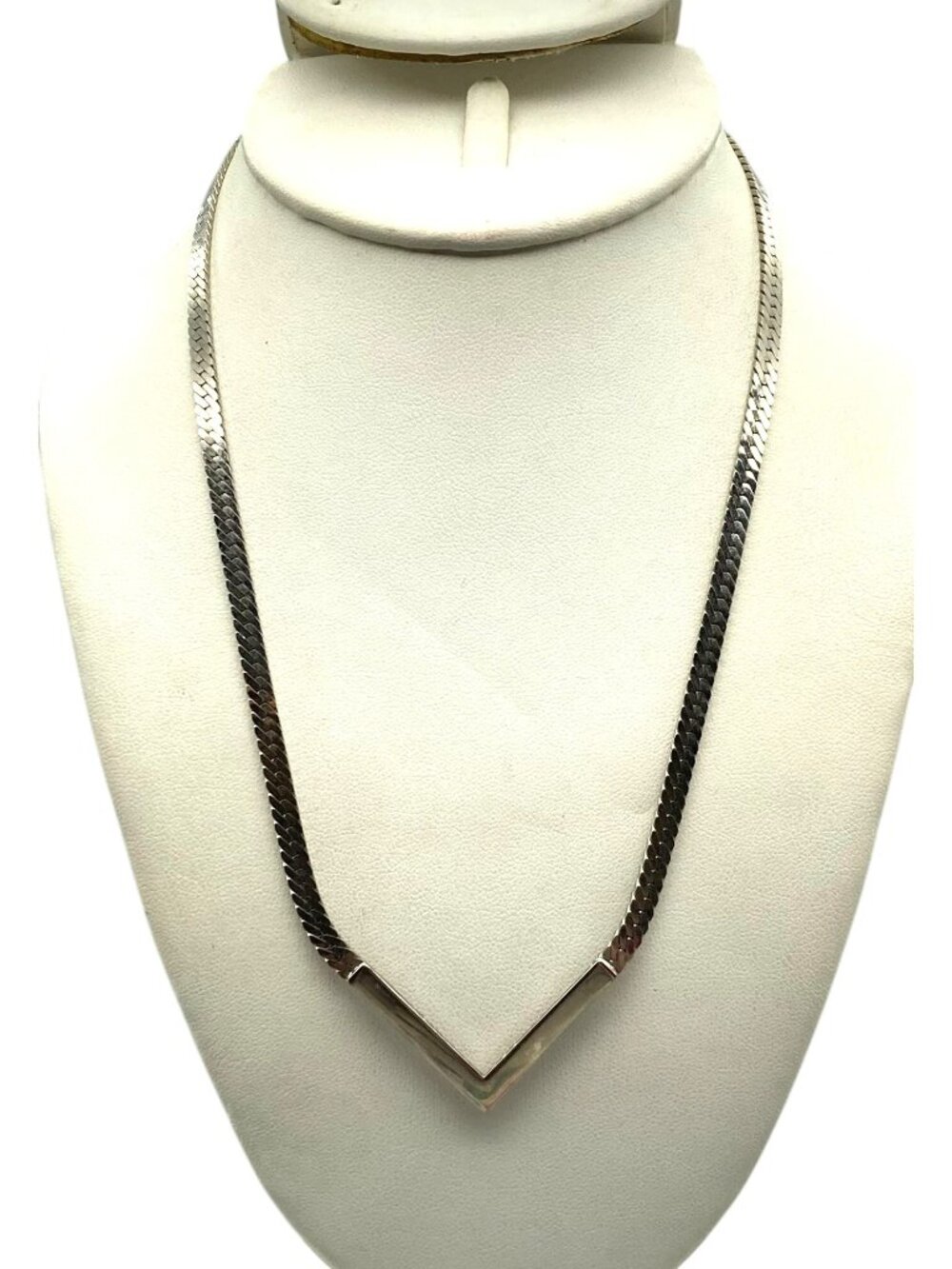 Vintage Avon Silver Tone V Necklace, Herringbone Chain Reversible Chevron Collar